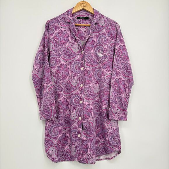 Lauren Ralph Lauren Black Label Sleep Shirt Gown, Sz Small, Paisley Button Down - Picture 1 of 9